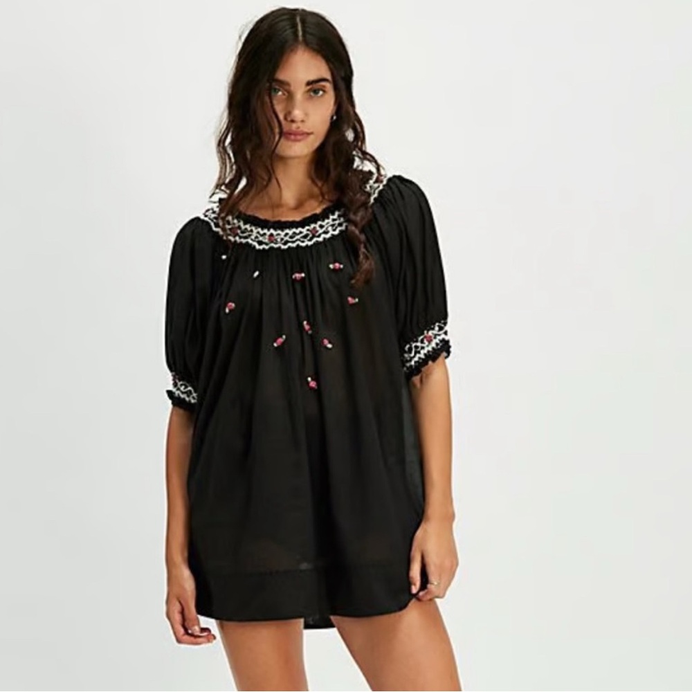 Free People Black Atlas Rose Rosette Embroidered Peasant Tunic Top
